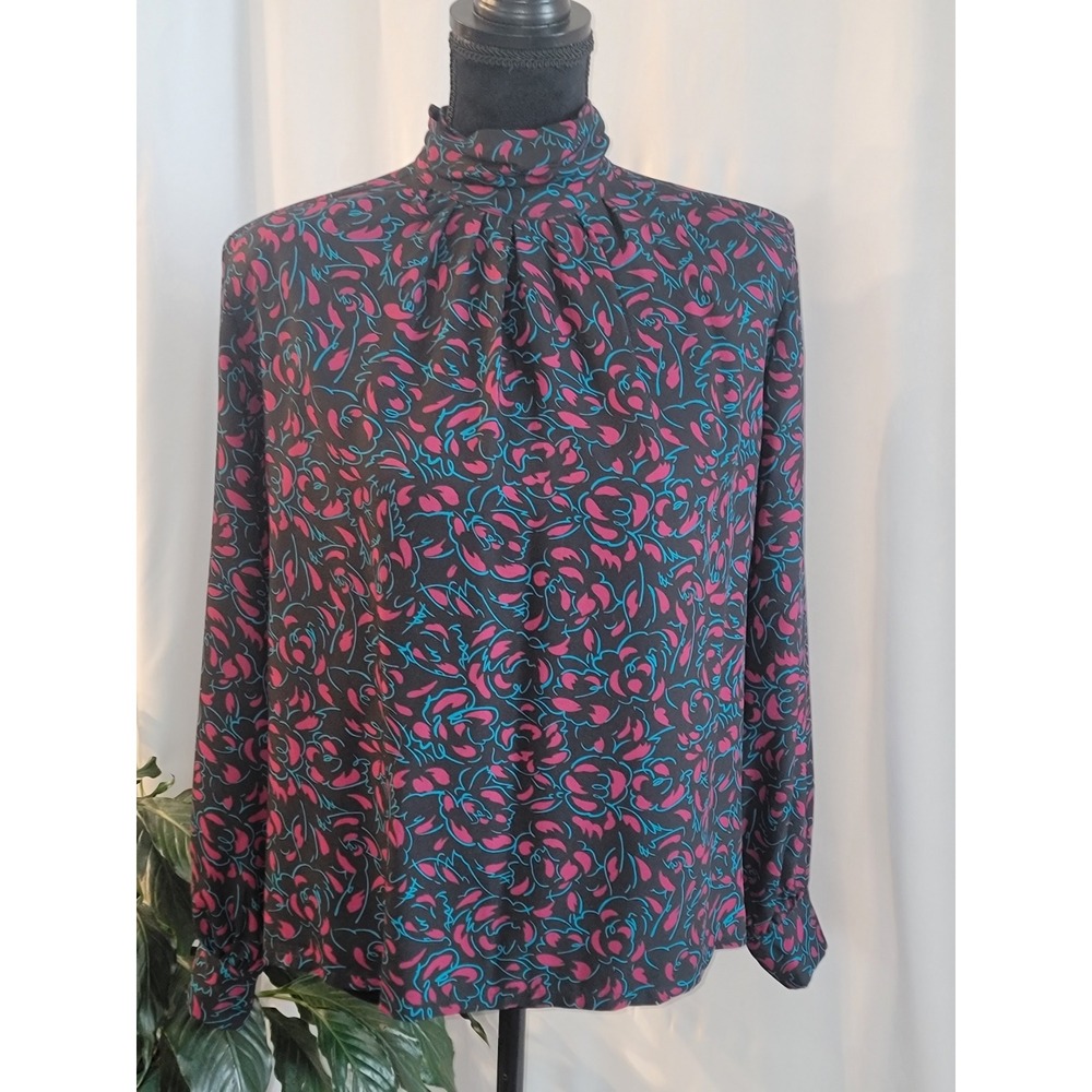 Country Sophisticates by Pendleton Vintage Floral Blouse Pink Teal Black‎